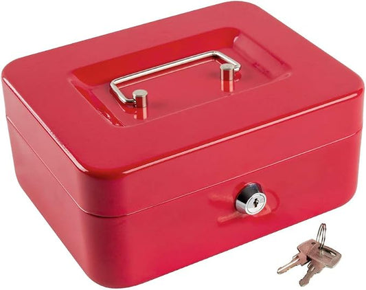 Kyodoled Medium Cash Box with Money Tray,Small Safe Lock Box with Key,Cash Drawer,7.87"x 6.30"x 3.54" Red Medium