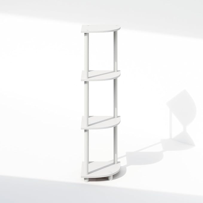 Furinno Turn-N-Tube Corner Shelf, 4-Tier Corner Bookshelf, Display Storage Shelves with Open Shelves, for Organization and Storage, Living Room, Home Office, Garage, White