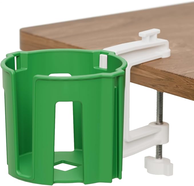 Original Large Desk Cup Holder Clamp Green | Anti-Spill Mount, Multi-Directional Drink Holder, Headphone Hanger, For Table, Desks, Office & Gaming Setup