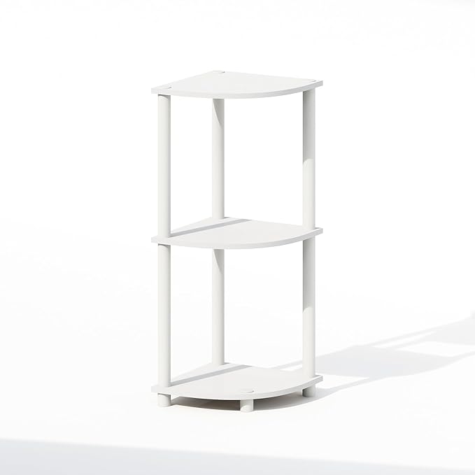 Furinno Turn-N-Tube Corner Shelf, 3-Tier Corner Bookshelf, Display Storage Shelves with Open Shelves, for Organization and Storage, Living Room, Home Office, Garage, White