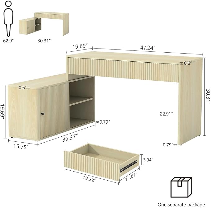 Modern Computer PC Desk Table with Storage, Corner L Shaped Desk with Drawers, Home Office Desk for Bedroom and Small Space, for Writing, Executive, Study, Work, Vanity - Natural