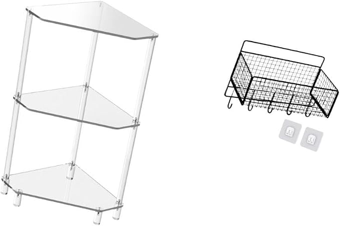 Acrylic Corner Side Table Includes Three Tier End Table Hanging Wall Organizer Cabinet Storage Basket Shelves Clear Acrylic and Metal Wir