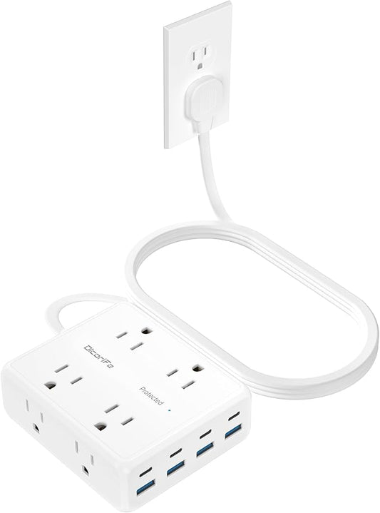 Olcorife Flat Plug Power Strip with 10 FT Extension Cord, 8 Outlets 8 USB Ports(4 USB C), 3 Sided Outlet Extender for Home Office Travel Dorm Room Essentials, White