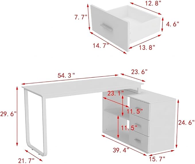 Homsee Home Office Computer Desk Corner Desk with 3 Drawers and 2 Shelves, 54 Inch Large L-Shaped Study Writing Table with Storage Cabinet - White