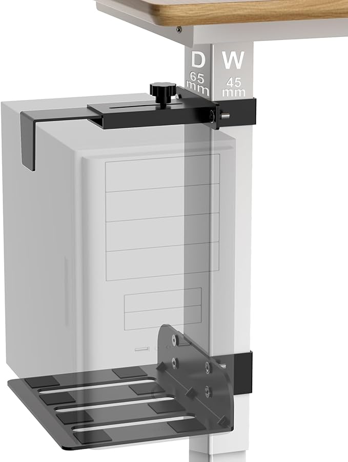 Under Desk PC Mount - No Drilling 40lb Capacity, Computer Holder Under Table, Adjustable Height and Width, Clamp-on Leg PC Holder for Standing Desk(Fits 65mm×45mm Legs only), with Non-Slip Pads, Black