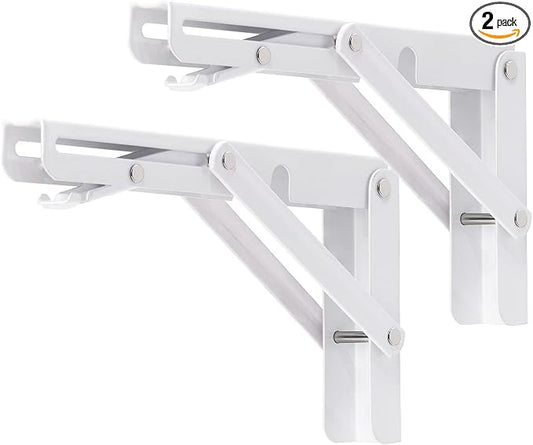 YUMORE Folding Shelf Brackets, 8 Inch Heavy Duty Collapsible Shelf Bracket, DIY L Bracket for Workbench Folding Table Hinge, Max Load: 300lb, White, 2 Pack