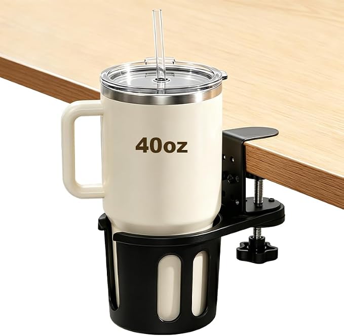 Deep Cup Holder Desk Clamp, Anti-Spill Clip On Table Drink Holder for 40oz Mug & Water Bottle, 3.15" Large Metal Mount Attachment, 360° Rotating Gaming Desk Accessories