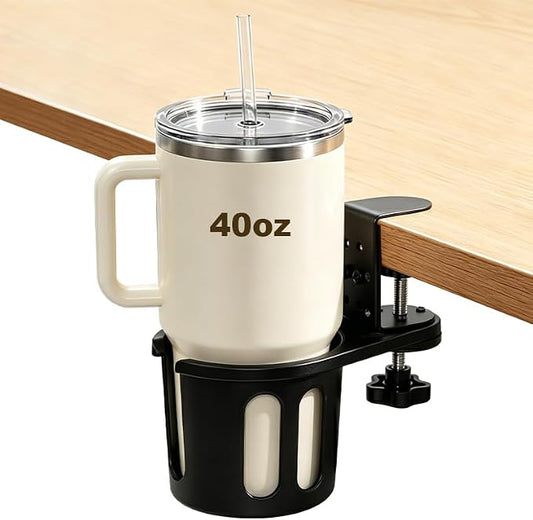Deep Cup Holder Desk Clamp, Anti-Spill Clip On Table Drink Holder for 40oz Mug & Water Bottle, 3.15" Large Metal Mount Attachment, 360° Rotating Gaming Desk Accessories