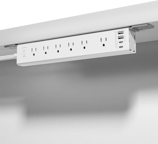 360° Mountable Surge Protector Power Strip with 4 USB Ports (2 USB C), 6 FT Electrical Outlet & Flat Plug Extension Cord for Under Desk, Wall, or Corner Mount (White)