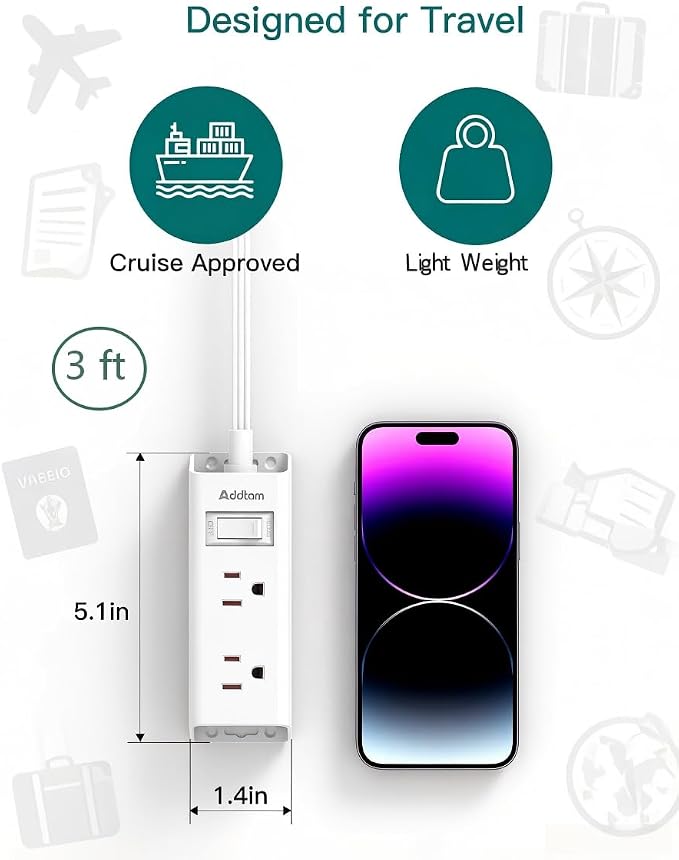 Addtam Flat Plug Power Strip with 6 Outlet Extender, 3 FT Extension Cord Flat Wall Plug with Multiple Outlets, No Surge Protector for Cruise Ship, Travel, Dorm, Home Office, Cruise Essentials, White