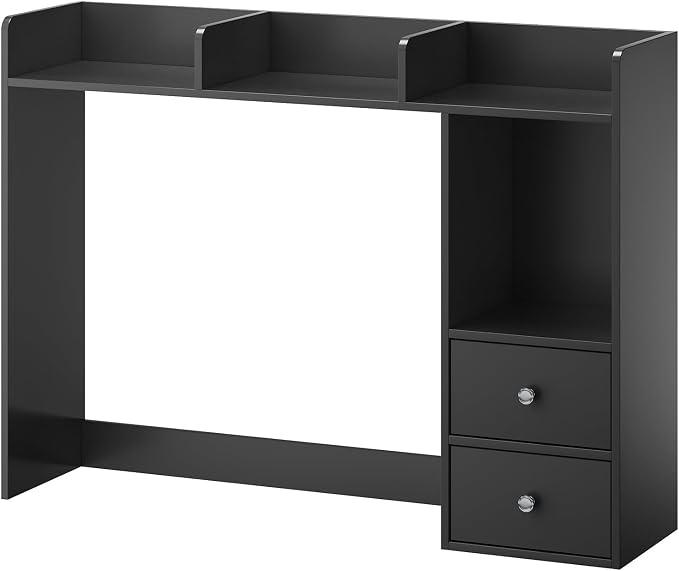 ChooChoo Desktop Bookshelf with LED Lights, 36.6" Dorm Desk Hutch with 4 Shelves and 2 Drawers, Fits 27" Monitor, Desk Organizer Shelf for Dorm Office Home, Black