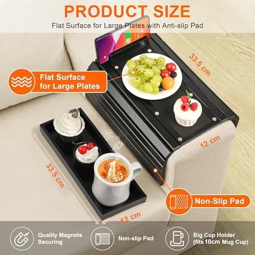 Joy&Grace Couch Arm Tray, 3-in-1 Magnetic Detachable Sofa Arm Table with Phone and Tablet Holder Bamboo Couch Cup Holder, Foldable Sofa Armrest Tray for Eating, Drinks, Phones (Black)