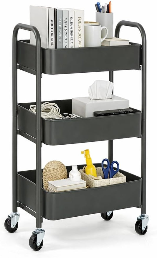 SunnyPoint 3-Tier Delicate Compact Rolling Metal Storage Organizer - Mobile Utility Cart Kitchen/Under Desk Cart with Caster Wheels (Gray, 15.35" X 10.24" X 26.8"H)