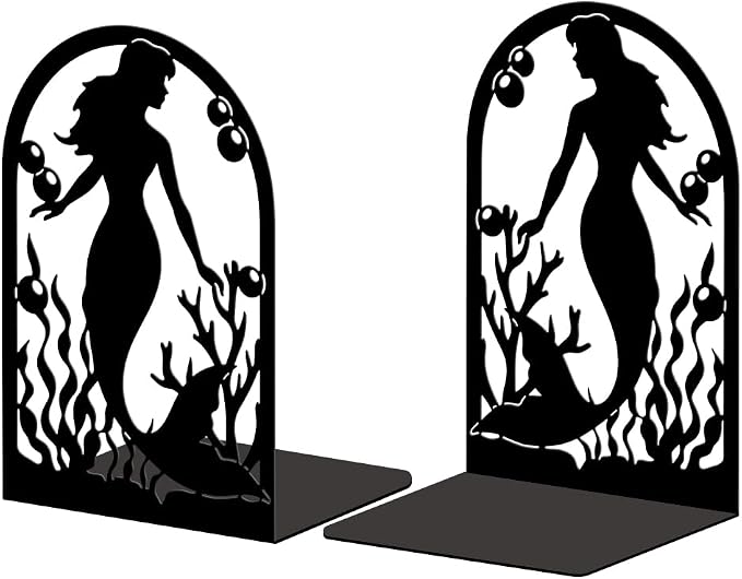Peacoblue Metal Bookends for Shelves, Modern Decorative Heavy Duty Study Book Support Stoppers for Office, Desk, Shelf, Room 5.3"x4.3"x7.9" Cast Iron Simple Tall Bookends, 1 Pair (Mermaid)