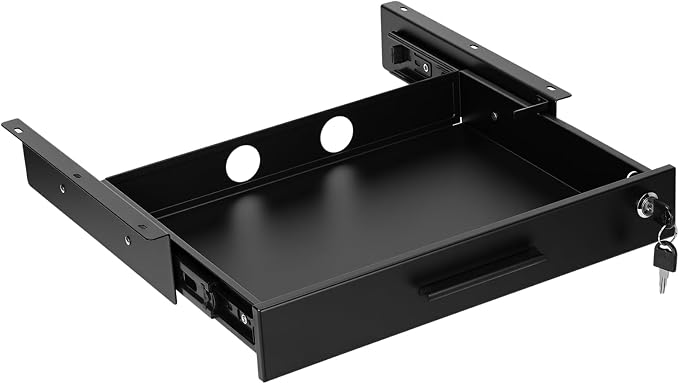 Menkxi 16'' x 12'' Under Desk Drawer Slide Out Storage Organizer, Lockable Metal Desk Drawer for Laptop and Office Accessories, Large Hidden Under Table Storage Box with Cable Management, Black