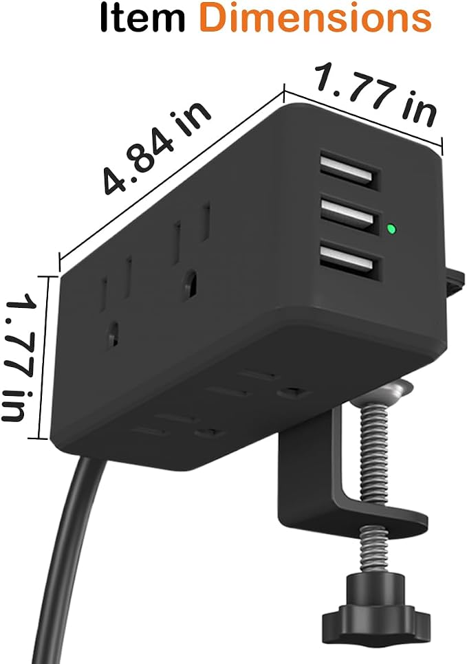 Compact Desk Edge Clamp Power Strip with 6-Outlet,3-USB-A-Port,Fit 2.4" Tabletop Edge,Table Leg.Meeoueoiu Desktop Mount Charging Power Station for Office Home,6.56ft Extension Cord,Black