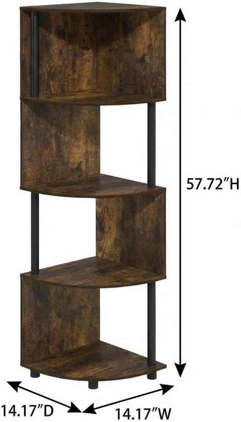 Furnifact Amber Pine Black 4-Tier Zigzag Corner Shelf Bookcase, Elegant Wooden Design, Space-Saving Corner Unit, Durable Construction, Stylish Modern Look