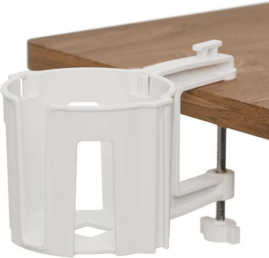 Original Large Desk Cup Holder Clamp White | Anti-Spill Mount, Multi-Directional Drink Holder, Headphone Hanger, For Table, Desks, Office & Gaming Setup
