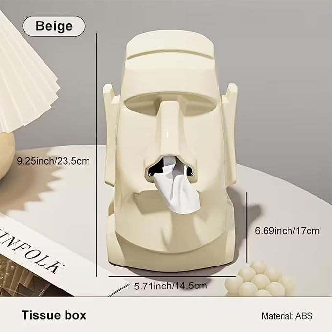 Creative Moai Tissue Box Holder with Headphone Holder, Suitable for Living Room, Bedroom and Other Desktop Storage Boxes, Green,Cream White, Black. (Cream White)