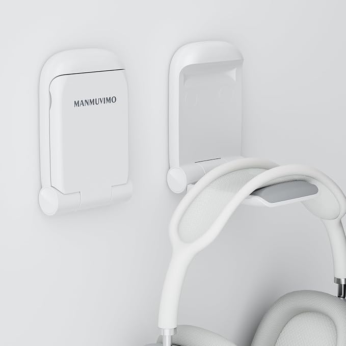 MAMUVIMO Headphone Stand, Headset Stand Foldable ＆ Sticky, Headphone Holder Hook Mount with Non-Slip Silicone, Adhesive Earphone Desk Hanger Clip Space-Saving for Airpods Max, All Earphones-White