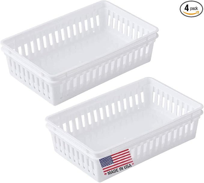 Tribello Plastic Bin Baskets for Organizing, White Storage Tray, Rectangle 9 x 6 x 2 - Pack of 4 - Made in USA