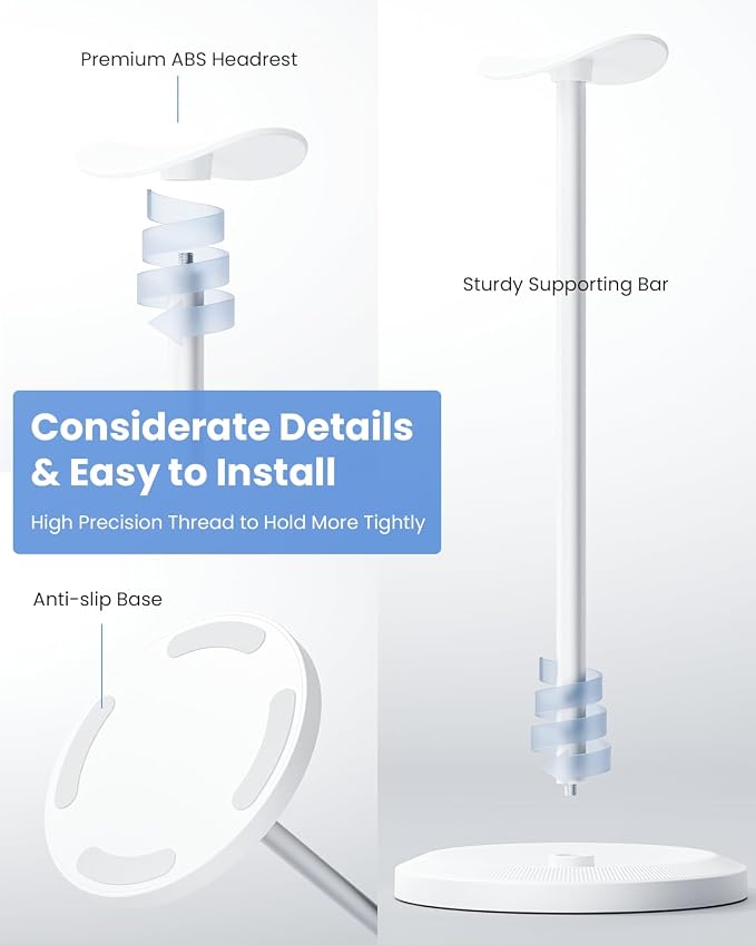 Headphone Stand, Desktop Headset Holder, White | Earphone Stand, Gaming Headphone Hanger, Enlarged Headrest Heavy Base, Office Desk Accessories for All Headphones Size