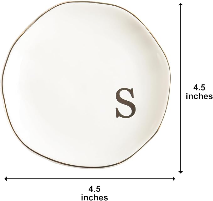 Ceramic Jewelry Tray Ring Dish Personalized S-Monogrammed Engagement Wedding Gifts, for Birthday Mother's Day for Women, Ceramic White 4.75" (S)