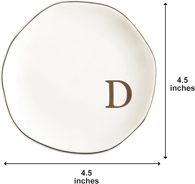 Ceramic Jewelry Tray Ring Dish Personalized D-Monogrammed Engagement Wedding Gifts, for Birthday Mother's Day for Women, Ceramic White 4.75" (D)