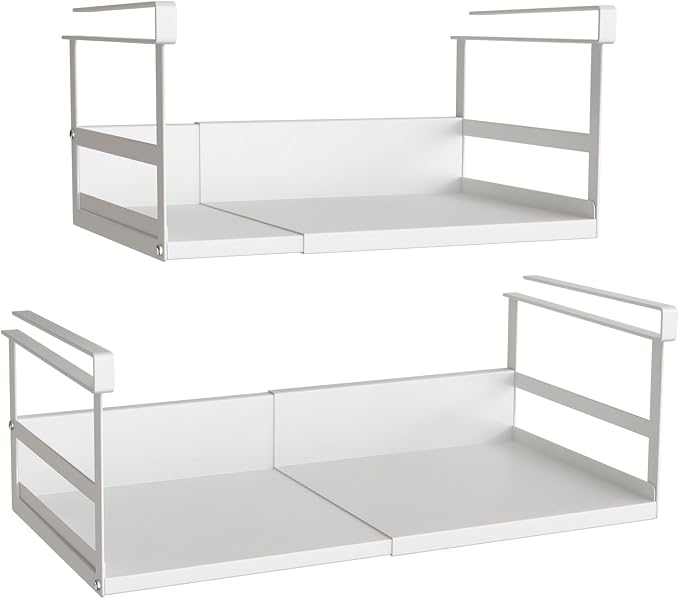Expandable Under Cabinet Shelf Organizer with 0.94-Inch Thick Clips, Heavy Duty Extendable Under Shelf Storage Basket for Pantry or Laundry Room, White, 2 Pack, Interior: 5.7" H x 8.54" D