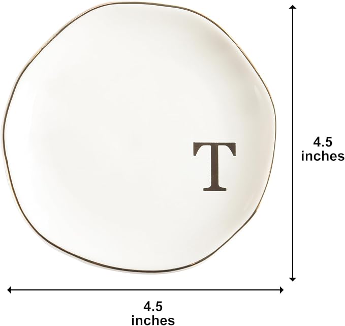 Ceramic Jewelry Tray Ring Dish Personalized T-Monogrammed Engagement Wedding Gifts, for Birthday Mother's Day for Women, Ceramic White 4.75" (T)