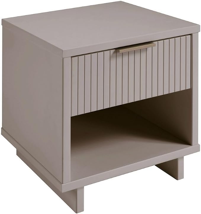 Manhattan Comfort Granville Modern Nightstand 1.0 with 1 Full Extension Drawer, Sled Legs, and Gold Accent Metal Handle, Bedside End Table for Bedroom or Living Room in Light Grey