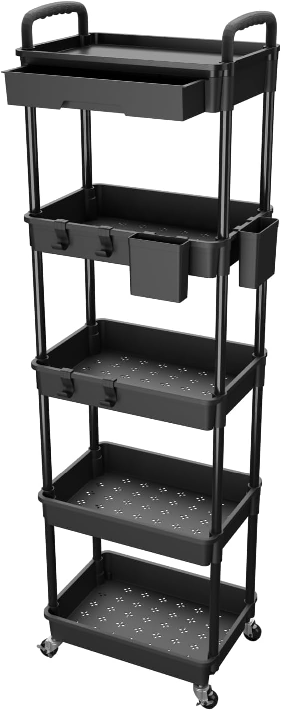 5 Tier Rolling Utility Cart with Drawer,REBECAT Utility Cart Made of Multifunctional Storage Organizer Tool for Kitchen,Bathroom,Living Room,Office(Black)