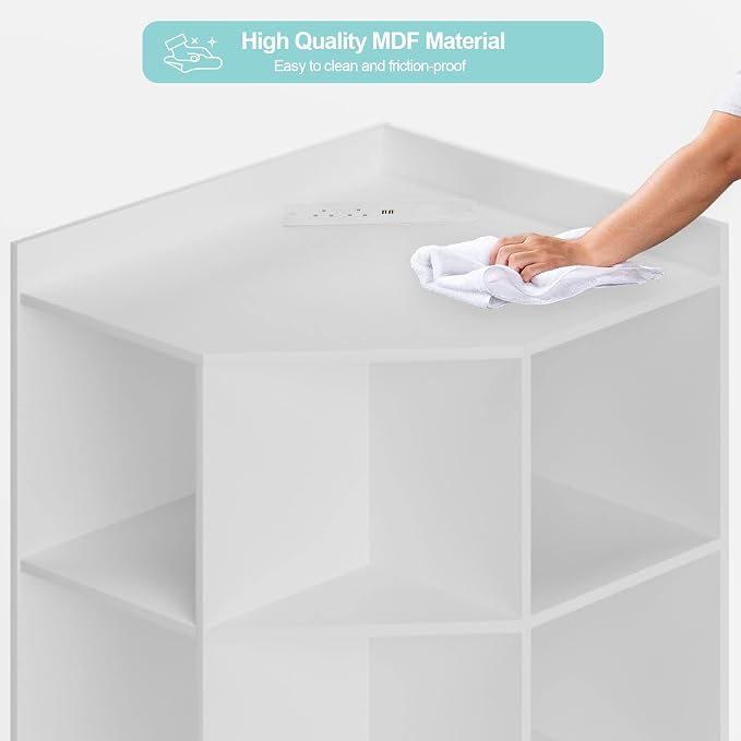 HedoAjim Corner Cabinet, Corner Storage Shelf with USB Ports and Outlets Industrial Organizer for Small Space Wooden 9-Cubby Bookshelf for Study, Playroom, Living Room (White)