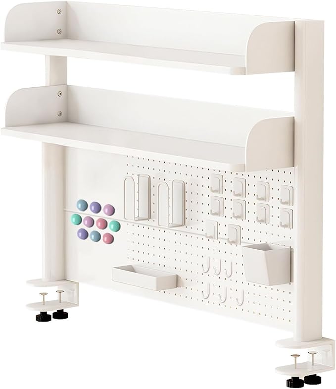 Clamp On Desk Organizer Shelf, White Desktop Bookshelf Storage Shelves with Pegboard Desktop Shelving System for Home Office Dorm Gaming Desk (80cm/31.4in)