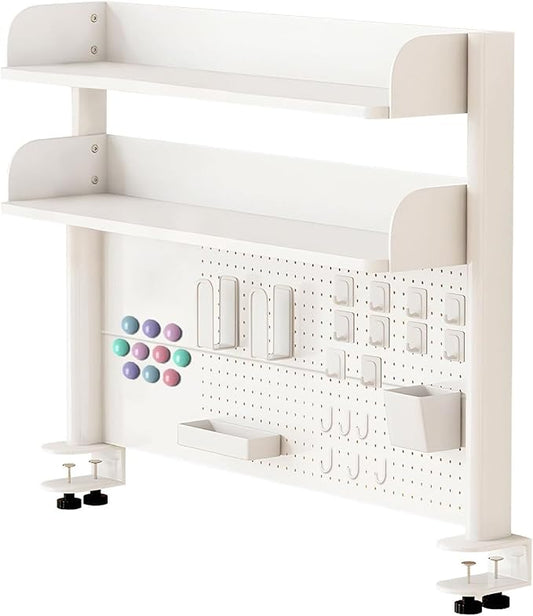 Clamp On Desk Organizer Shelf, White Desktop Bookshelf Storage Shelves with Pegboard Desktop Shelving System for Home Office Dorm Gaming Desk (60cm/23.6in)