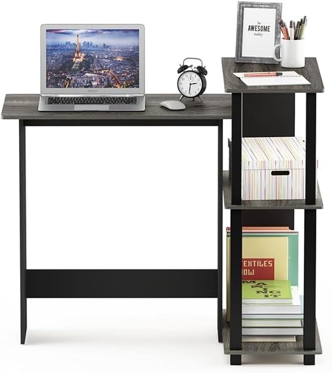 Furinno Abbott Corner Computer Desk with Bookshelf, French Oak Grey/Black