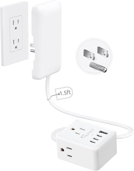 NUTICT 1.5FT Short Extension Cord with Outlet Cover, Flat Plug Power Strip with 3 Outlets & 3 USB-C & 1 USB-A Port, Wall Mountable, Flat Face Outlet Extender Hidden Behind Couch, Bed, Desk, White