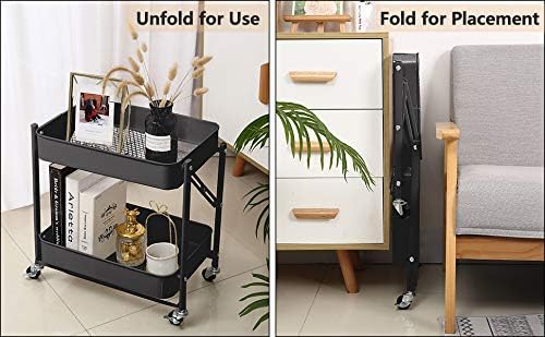 Melody House 2-Tier Metal Folding Rolling Cart, Mobile Utility Cart Trolley Storage Organizer for Office Home Kitchen Organization, Sofa Side End Table with Wheels, Black