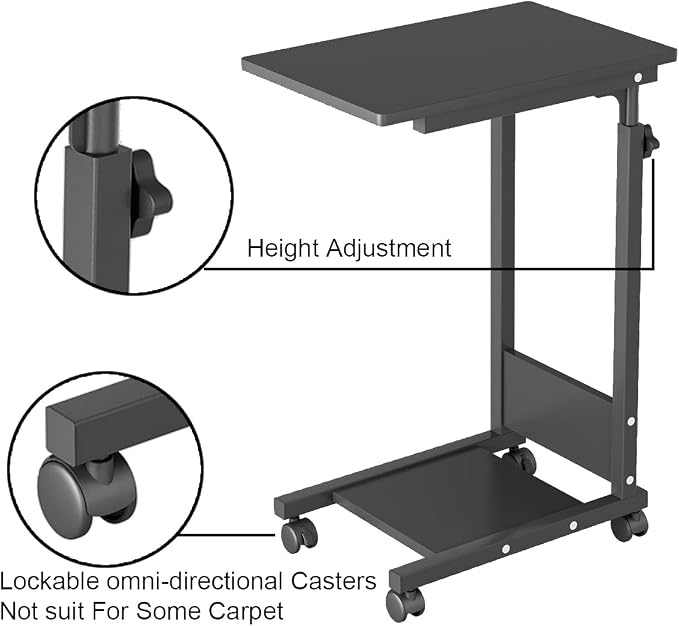 TigerDad Adjustable Height C Table Sofa Side Bedside Table with Wheels, Hospital Bed Table Rolling Tray with Storage, Mobile Computer Desk Laptop Table for Home Use