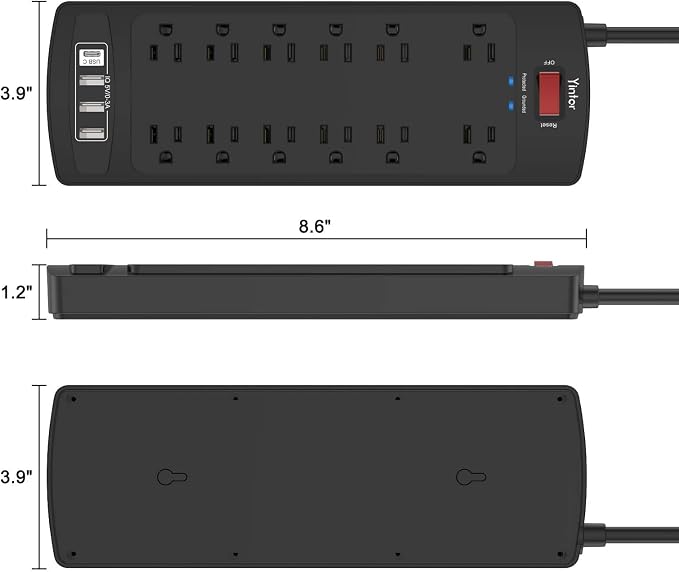 Power Strip, Yintar Surge Protector with 12 AC Outlets and 4 USB Ports, 6 Feet Extension Cord, 2700 Joules, ETL Listed, Black