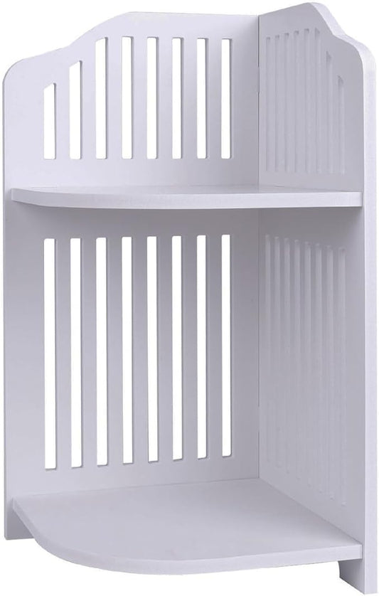 HornTide 2-Tier Corner Shelf, Brief Fashion Organizer Storage Rack, for Cosmetic Doll Potted-Plant Vitamins Supplements Caddy, DIY Desk/Table Decoration, Wood-Plastic Composites, White