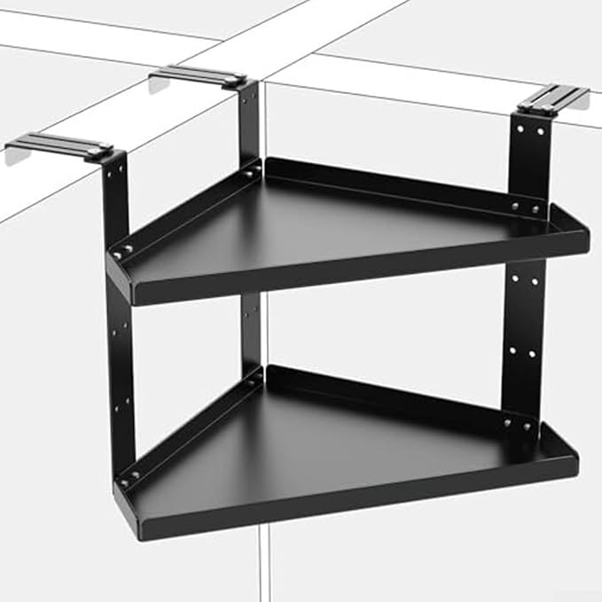 Height Adjustable Cubicle Shelf Corner Organizer with Hooks for Office Space Saving Storage in Black((small double hook))