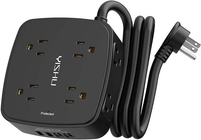 5Ft Surge Protector Power Strip - 8 Widely Outlets with 4 USB Ports, 3 Side Outlet Extender with 5 Feet Extension Cord, Flat Plug, Wall Mount, Desk USB Charging Station, ETL,Black