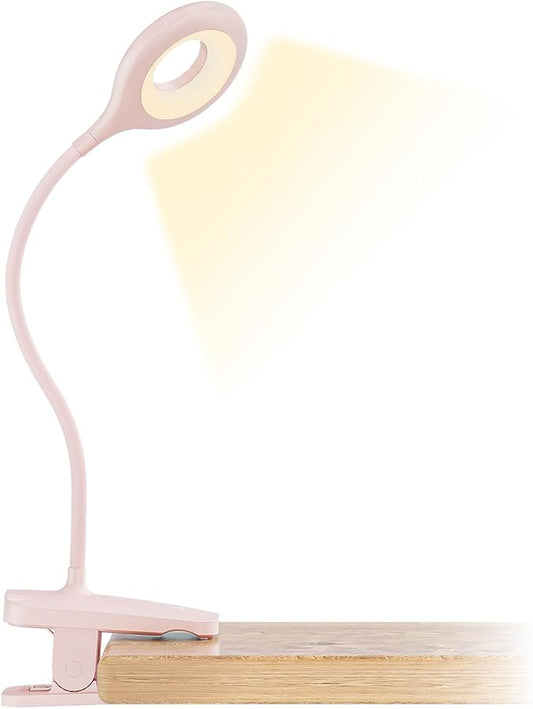 CUHIOY Rechargeable Clip on Reading Light for Bed, Battery Desk Lamp, 5 Color 5 Brightness & Touch Control Headboard Lamp, Large Clamp Lamp with Flexible Neck, Eye Protect LED Bedside Light, Pink