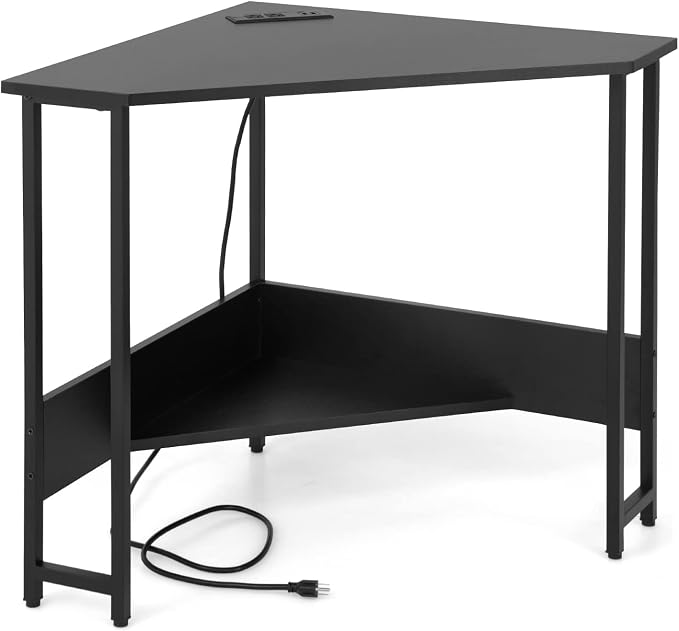 HOMGX Triangle Corner Computer Desk with USB Ports & Power Outlet, Modern Vanity Desk with Storage Shelf, Space Saving for Small Home Office, Black