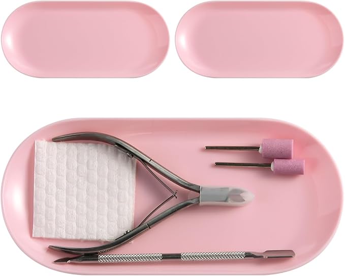 3Pcs Manicure Tools Storage Tray, Oval Plastic Storage Dish Nail Art Accessory Display Trays, Jewelry Rhinestone Organizer Plate, Makeup Cosmetic Nail Decorations Storages Plate（Pink）