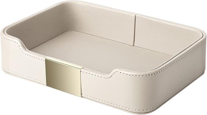 SANZIE Luxury Leather Tray Organizer Valet Tray Key Tray for Entryway Table Desktop Storage Catchall Tray Decorative Tray for Jewelry Keys Wallet Phone Watch (Metal Gilded, Grey)