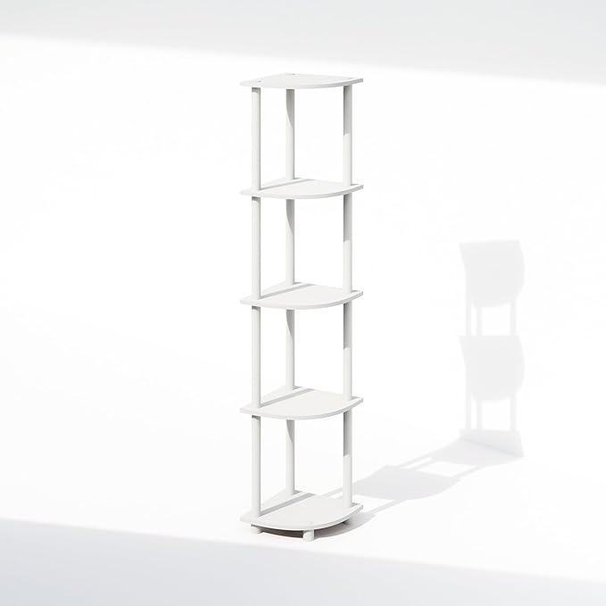 Furinno Turn-N-Tube Storage Shelves, 5-Tier Book Shelf, Corner Shelf, Toolless Open Shelves, for Organization and Storage, Living Room, Home Office, Hallway, Bedroom, White