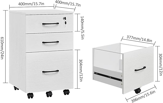 Panana 3 Drawer Wood Mobile File Cabinet, Under Desk Storage Drawers Small File Cabinet for Home Office (White)
