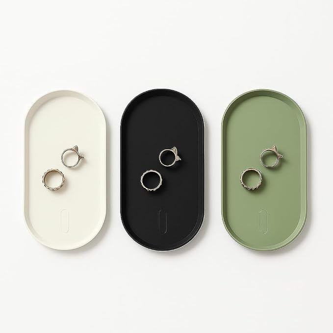 Silicone Vanity Tray - Oval Bathroom & Sink Tray (8.66x3.94 Inch) Dishwasher Safe Reusable Jewelry Organizer for for Bathroom, Desk, Vanity, and Cosmetics (Black&White&Green)